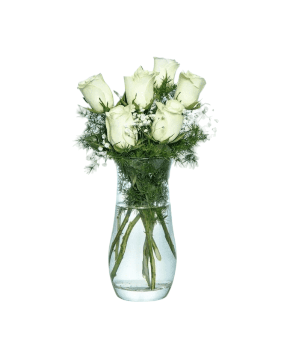 Six White Roses in a Paşabahçe Vase