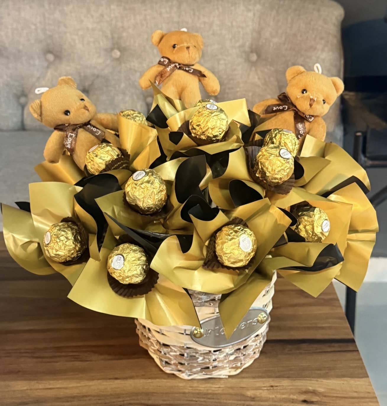 Golden Teddy Bear Luxury Chocolate Basket